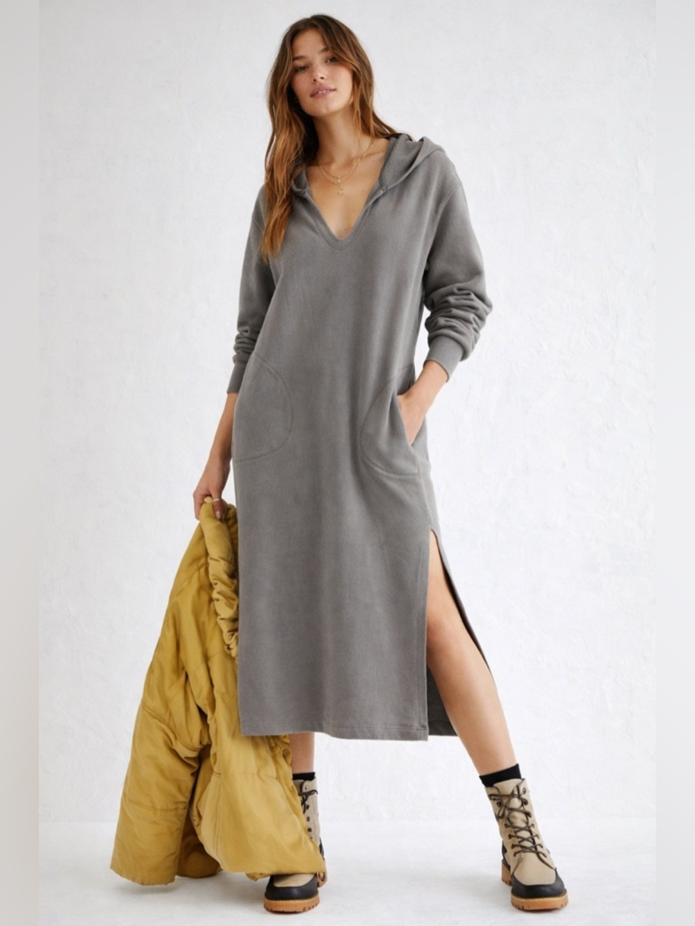 Free People Claudia Gray Maxi Hoodie Sweatshirt Dress Slit Cozy S